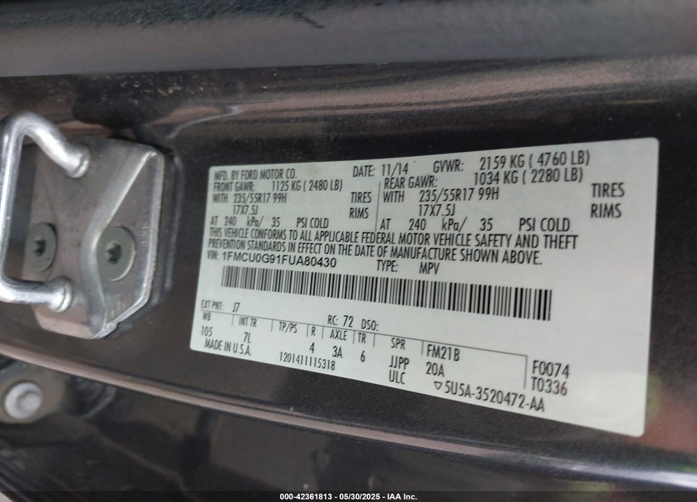 2015 FORD ESCAPE VIN: 1FMCU0G91FUA80430