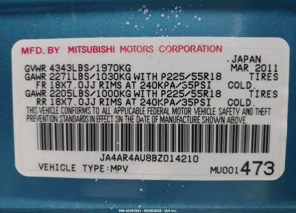 2011 MITSUBISHI OUTLANDER SPORT SE VIN: JA4AR4AU8BZ014210