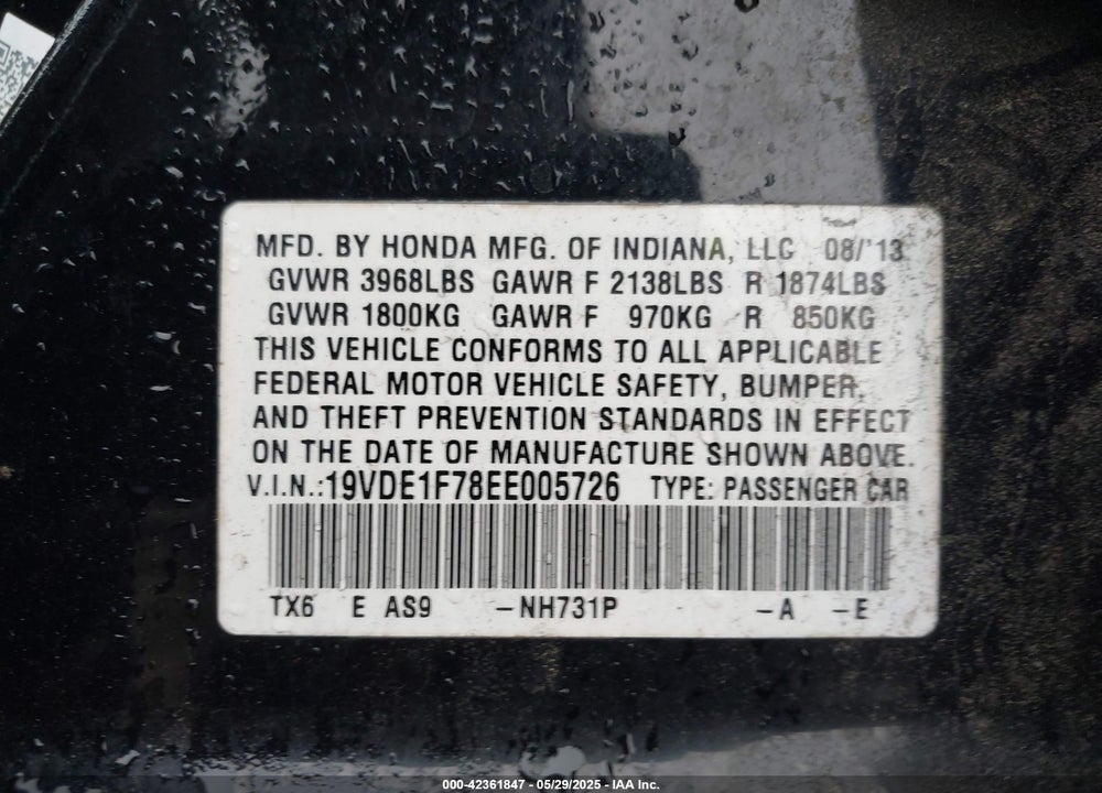 2014 ACURA ILX 2.0L VIN: 19VDE1F78EE005726
