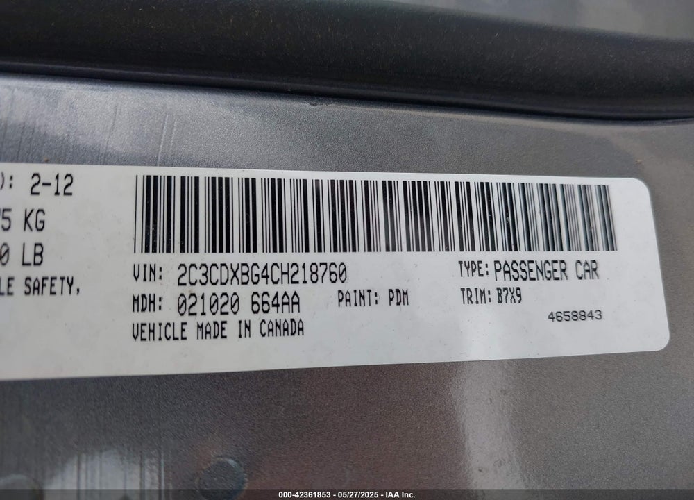 2012 DODGE CHARGER SE VIN: 2C3CDXBG4CH218760