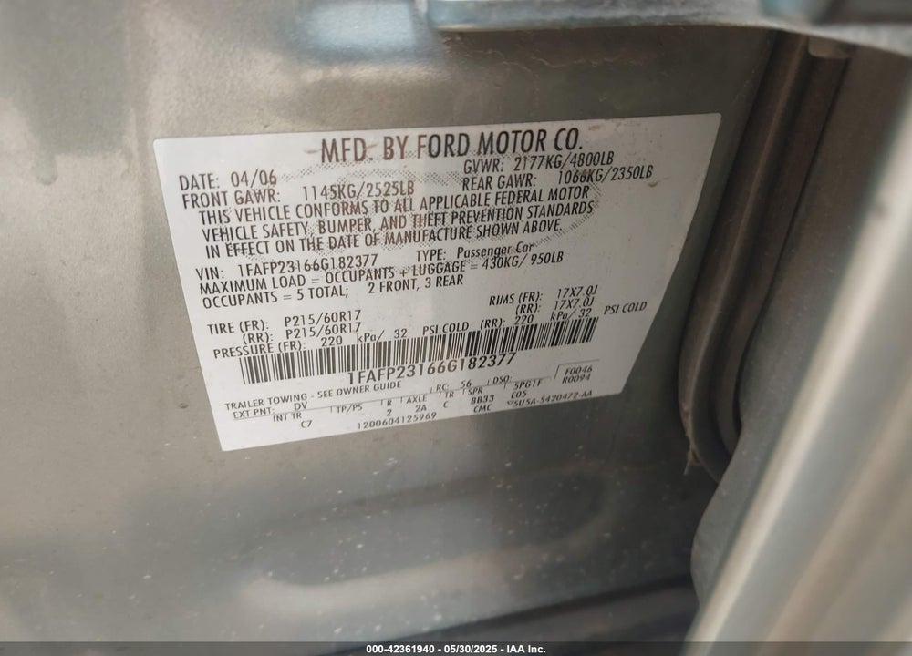 2006 FORD FIVE HUNDRED SE VIN: 1FAFP23166G182377
