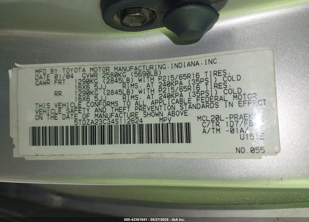 2004 TOYOTA SIENNA LE VIN: 5TDZA23C34S112624