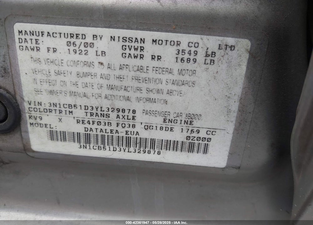 2000 NISSAN SENTRA VIN: 3N1CB51D3YL329878