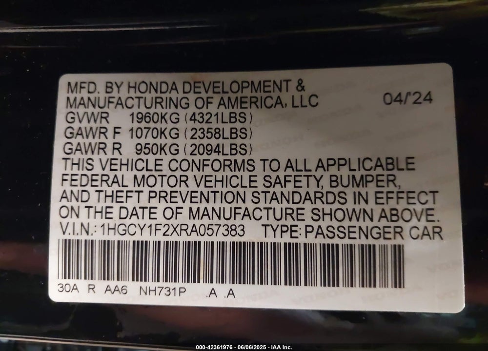 2024 HONDA ACCORD LX VIN: 1HGCY1F2XRA057383