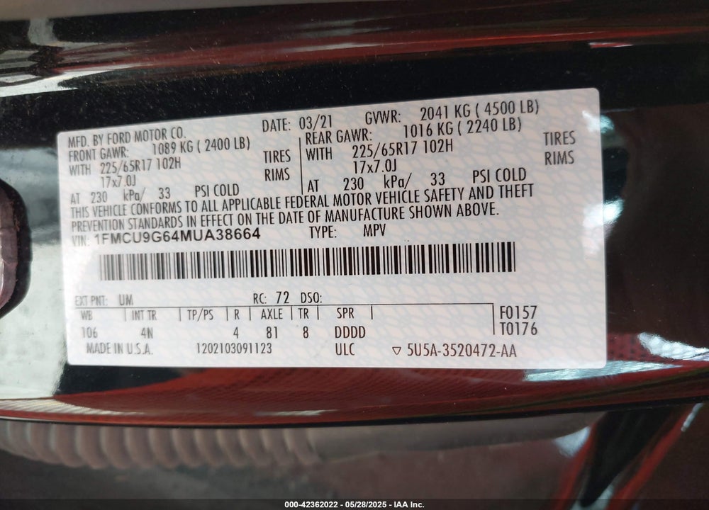 2021 FORD ESCAPE SE VIN: 1FMCU9G64MUA38664