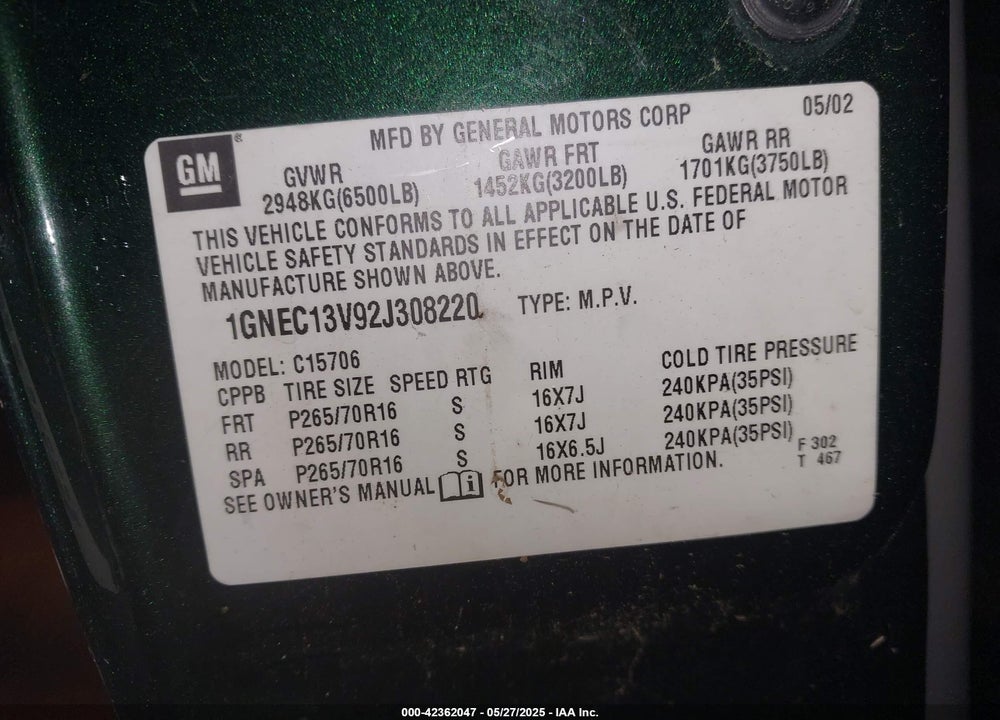 2002 CHEVROLET TAHOE LS VIN: 1GNEC13V92J308220