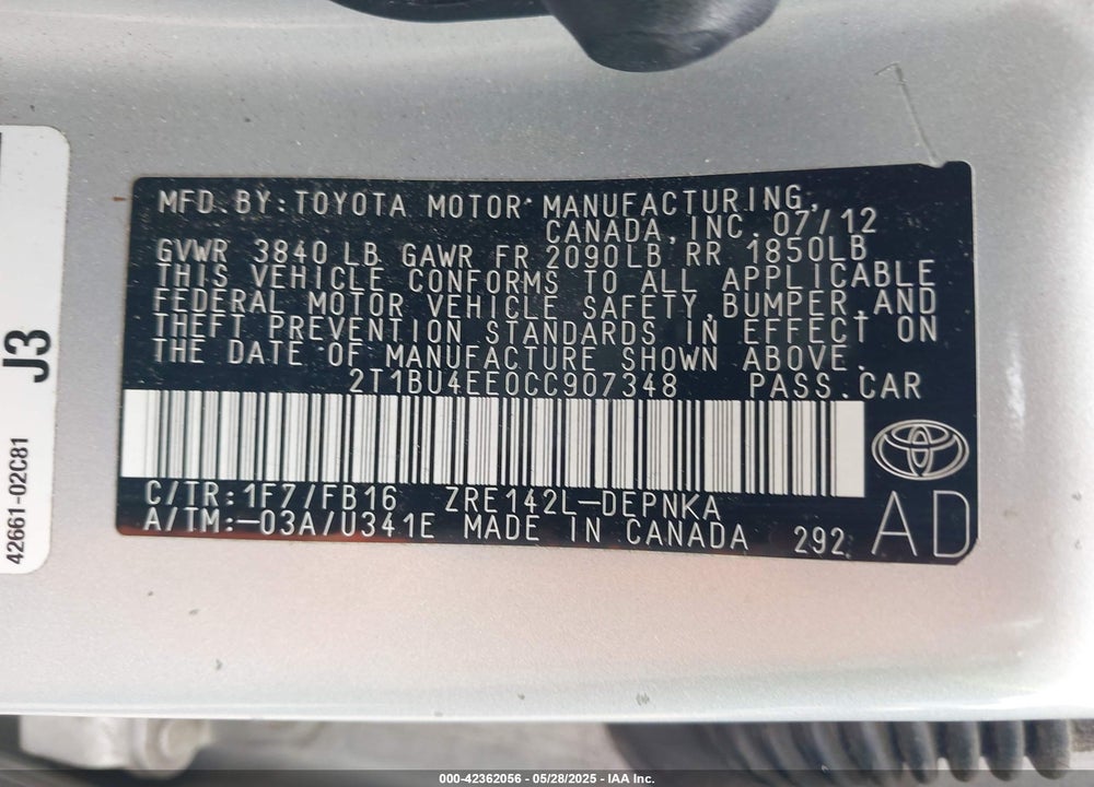 2012 TOYOTA COROLLA LE VIN: 2T1BU4EE0CC907348