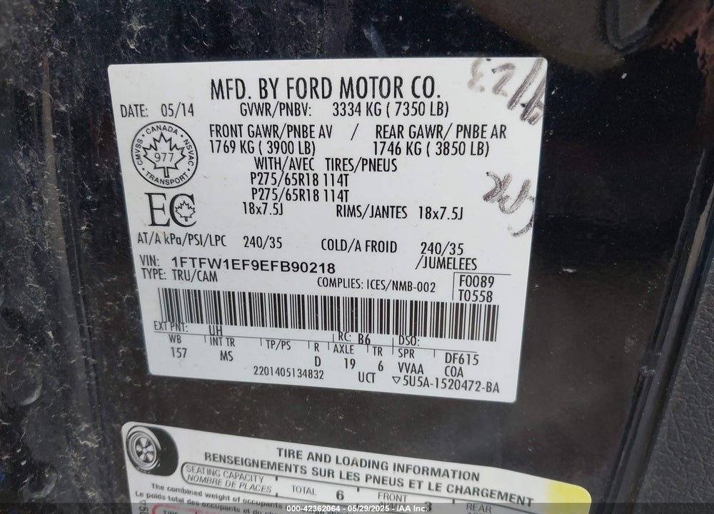 2014 FORD F-150 XLT VIN: 1FTFW1EF9EFB90218
