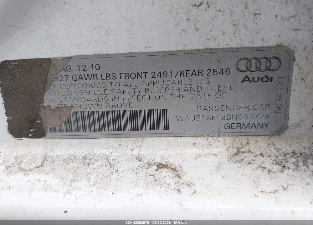 2011 AUDI A4 2.0T PREMIUM VIN: WAUBFAFL8BN037329