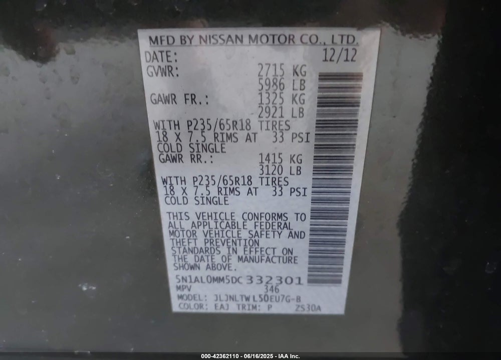 2013 INFINITI JX35 VIN: 5N1AL0MM5DC332301