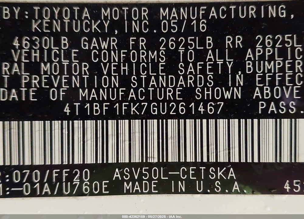 2016 TOYOTA CAMRY SE VIN: 4T1BF1FK7GU261467