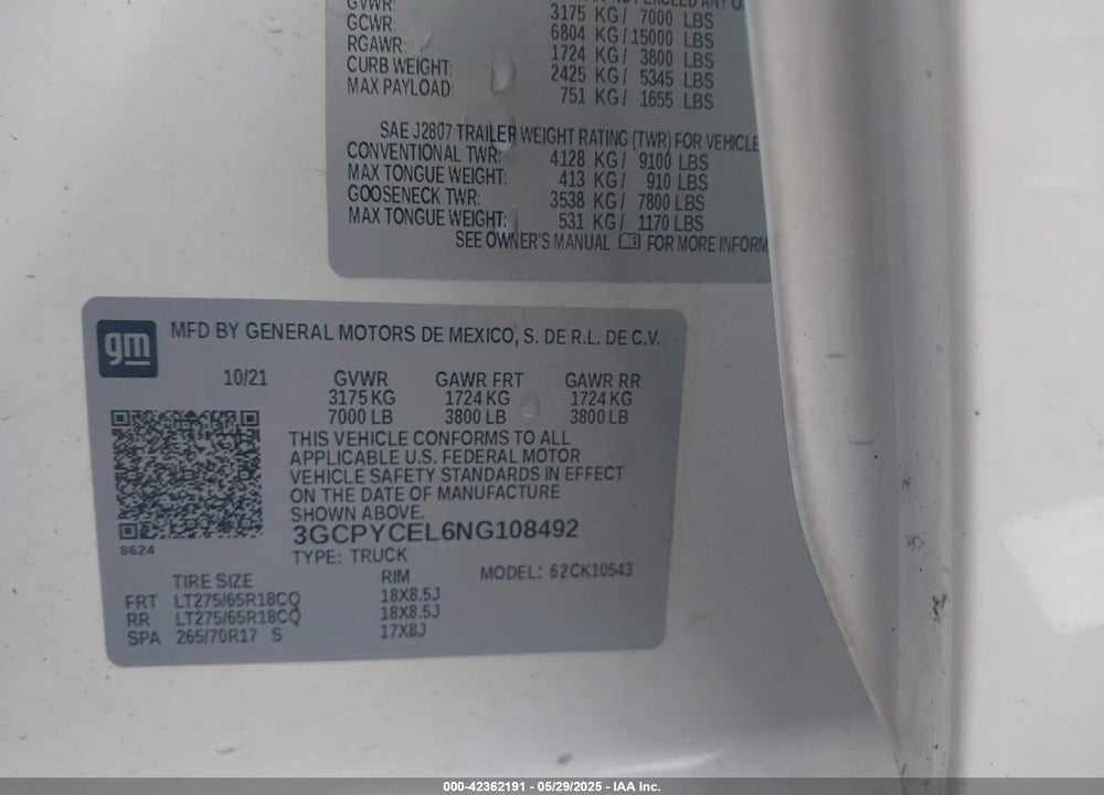 2022 CHEVROLET SILVERADO 1500 LTD VIN: 3GCPYCEL6NG108492
