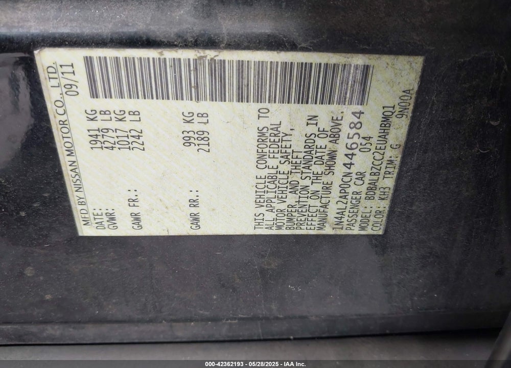 2012 NISSAN ALTIMA VIN: 1N4AL2AP0CN446584
