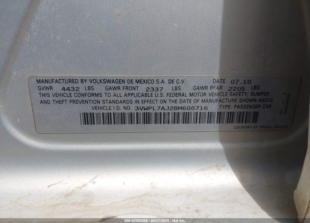 2011 VOLKSWAGEN JETTA VIN: 3VWPL7AJ2BM600716