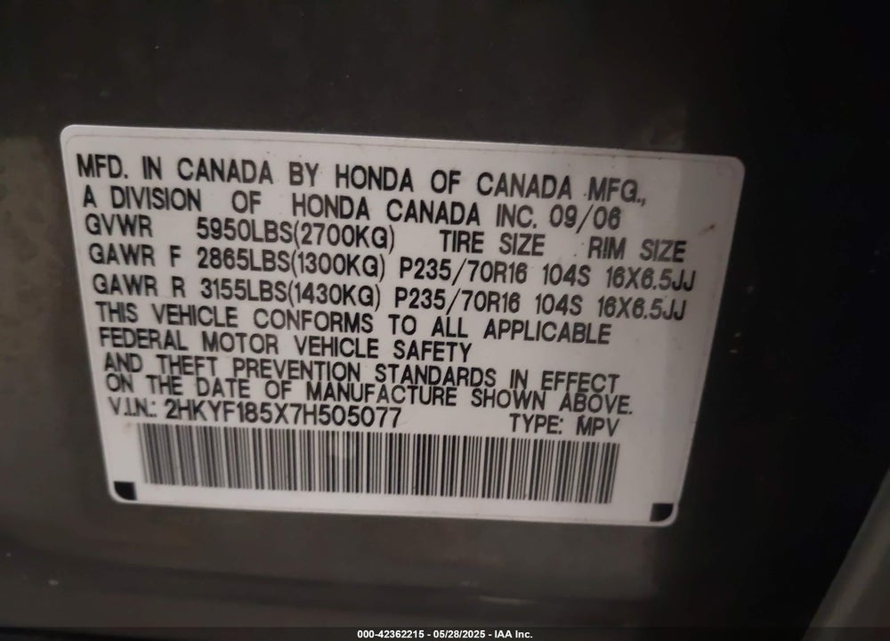 2007 HONDA PILOT VIN: 2HKYF185X7H505077