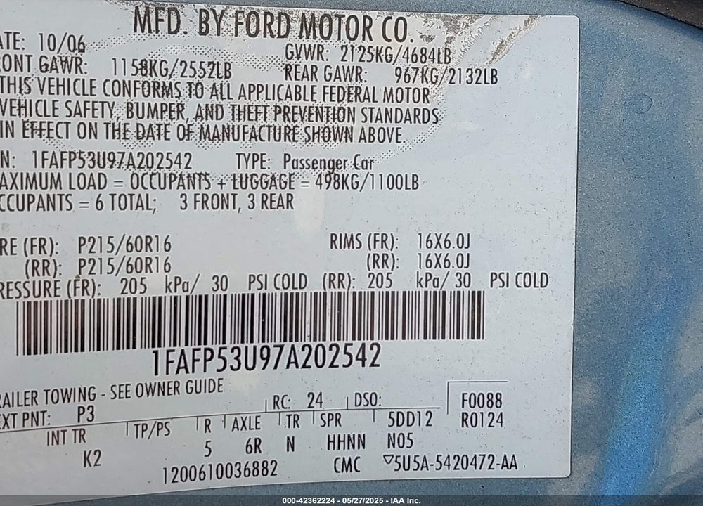 2007 FORD TAURUS VIN: 1FAFP53U97A202542