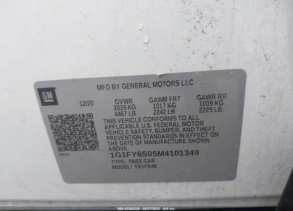 2021 CHEVROLET BOLT EV VIN: 1G1FY6S05M4101349