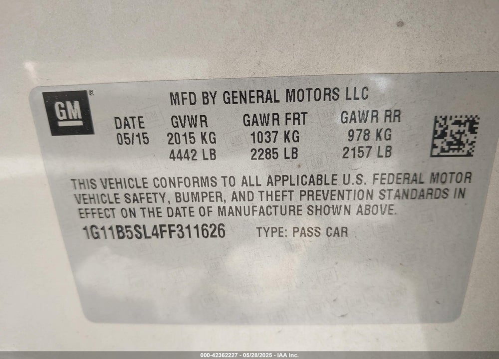 2015 CHEVROLET MALIBU VIN: 1G11B5SL4FF311626