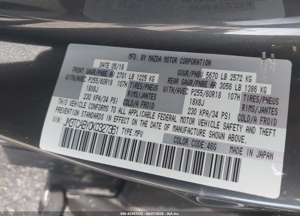 2019 MAZDA CX-9 VIN: JM3TCABY0K0327361