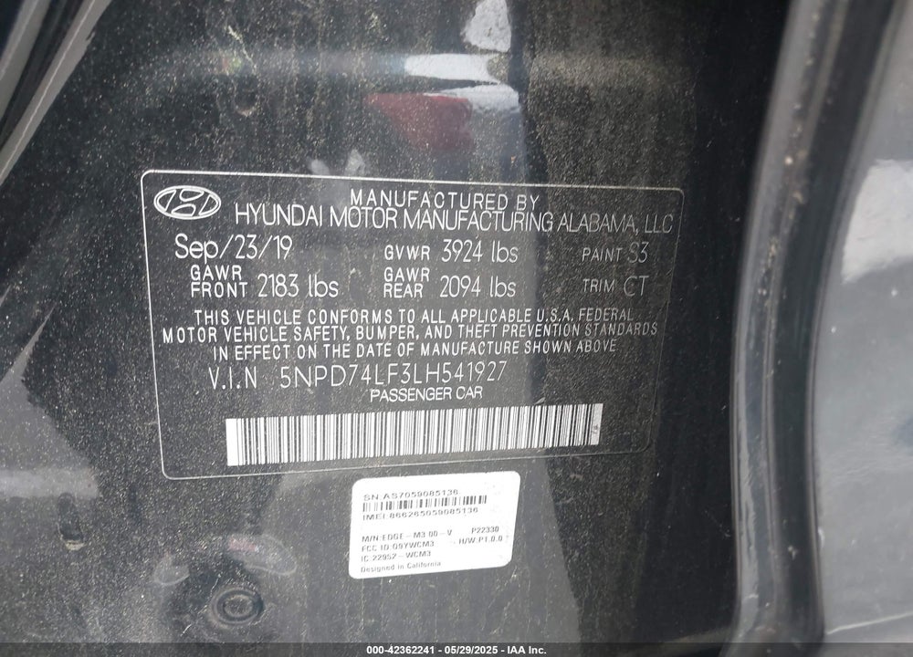 2020 HYUNDAI ELANTRA VIN: 5NPD74LF3LH541927
