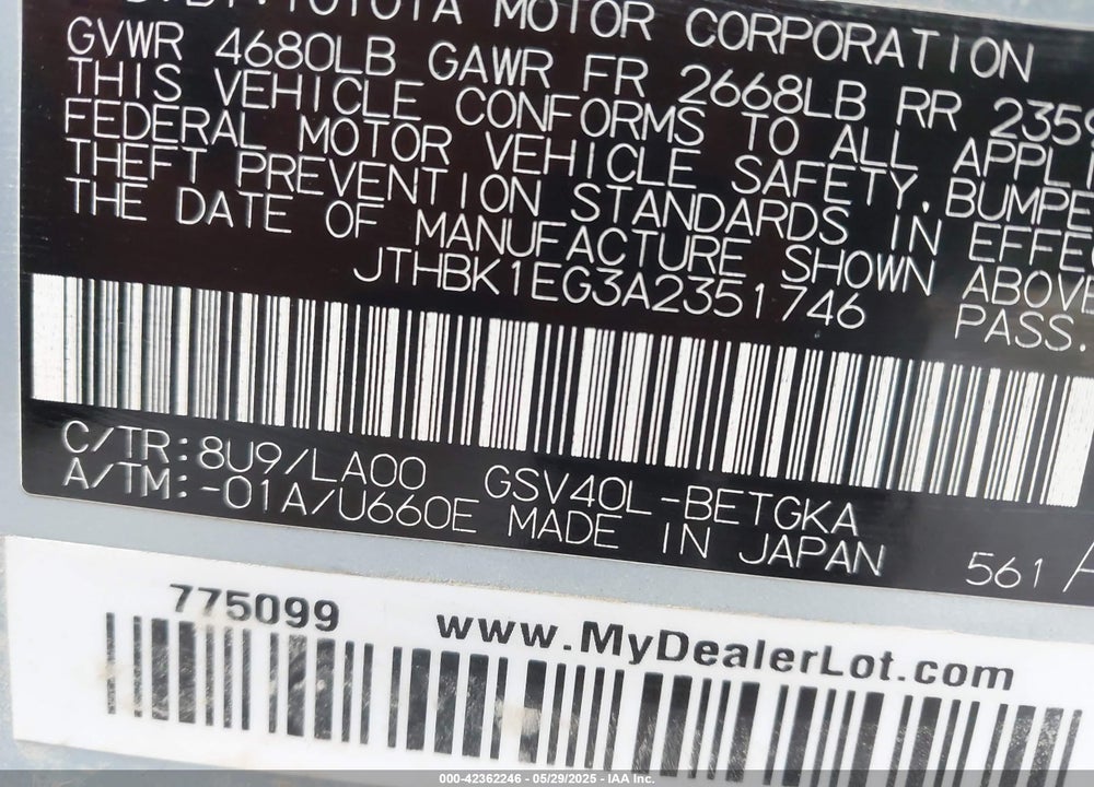 2010 LEXUS ES 350 VIN: JTHBK1EG3A2351746