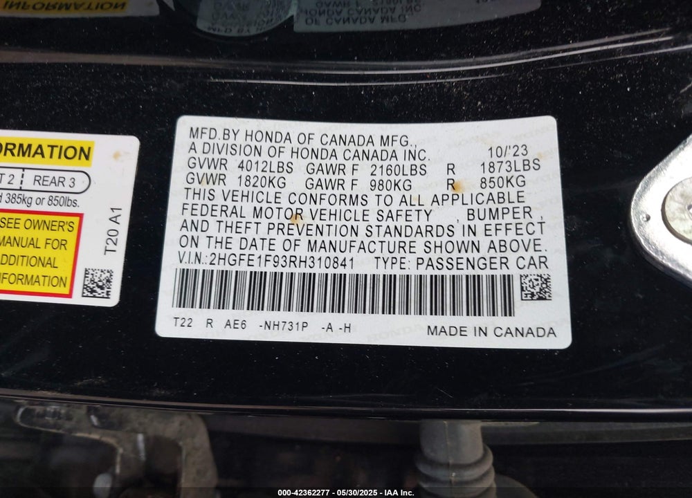 2024 HONDA CIVIC VIN: 2HGFE1F93RH310841