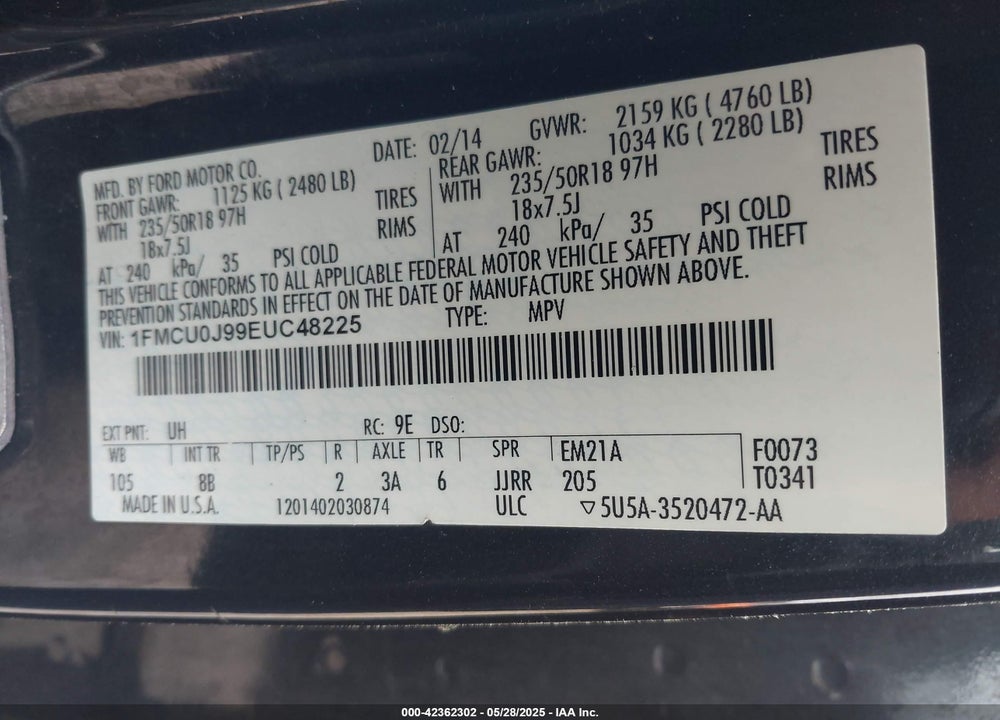 2014 FORD ESCAPE VIN: 1FMCU0J99EUC48225