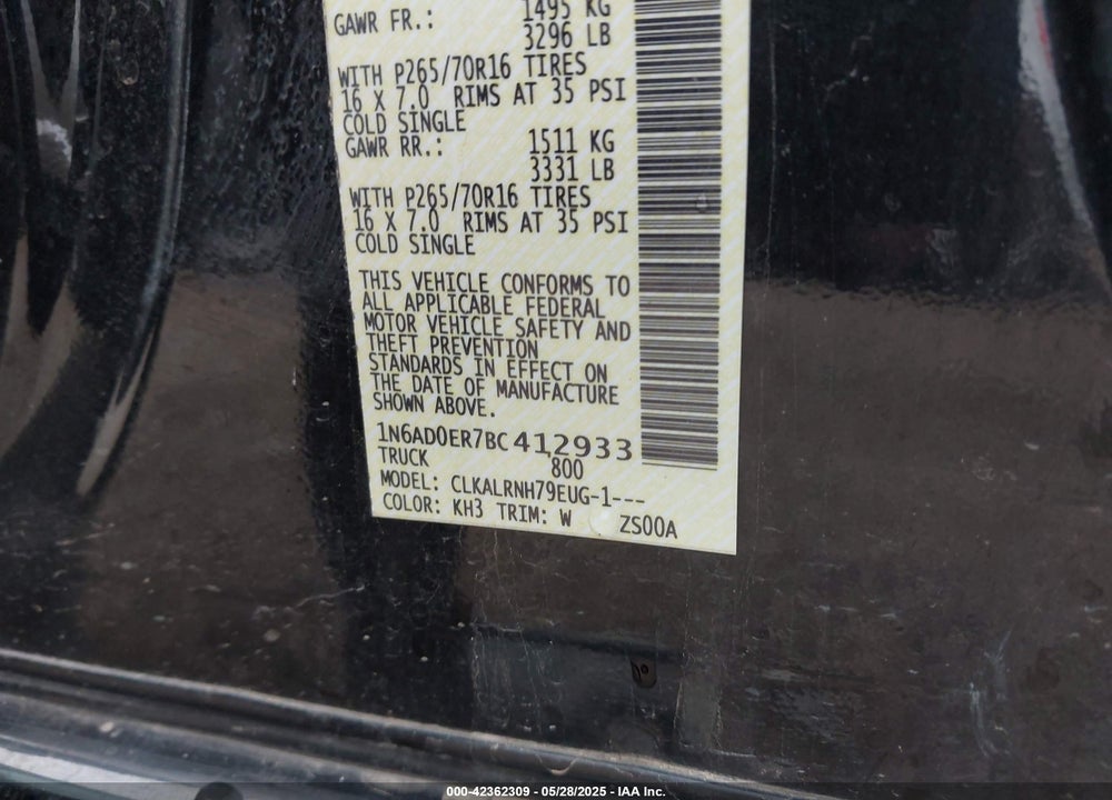 2011 NISSAN FRONTIER VIN: 1N6AD0ER7BC412933
