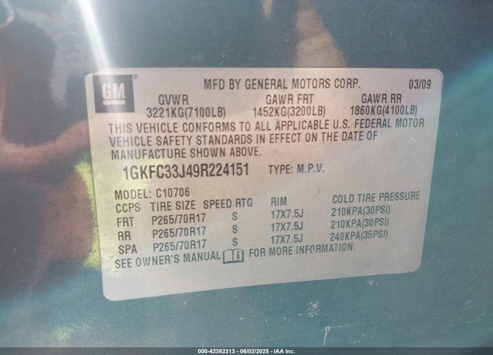 2009 GMC YUKON SLT2 VIN: 1GKFC33J49R224151