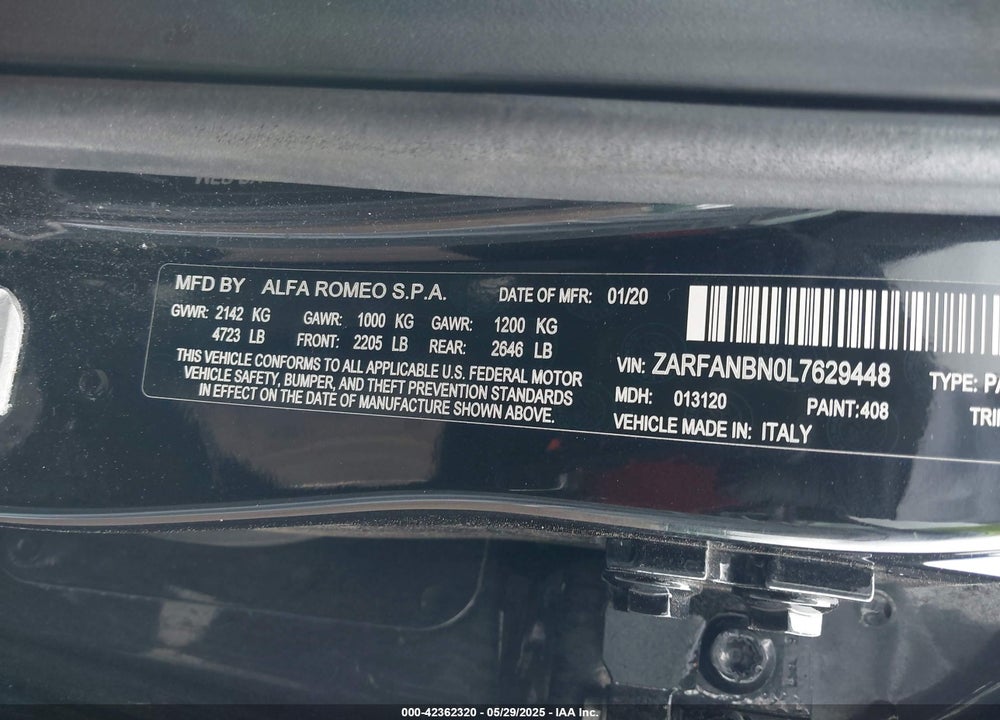 2020 ALFA ROMEO GIULIA TI SPORT AWD VIN: ZARFANBN0L7629448