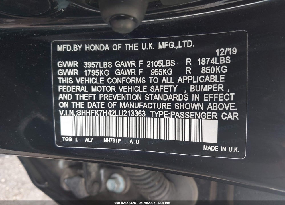 2020 HONDA CIVIC VIN: SHHFK7H42LU213363