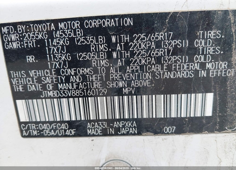 2008 TOYOTA RAV4 VIN: JTMBD33V885160129