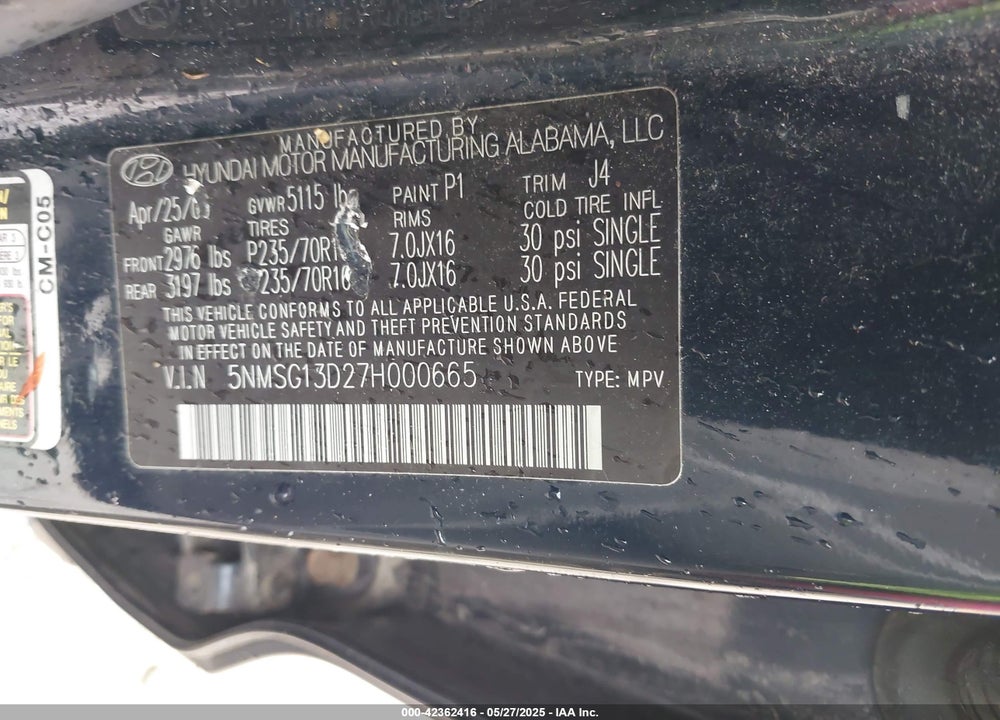 2007 HYUNDAI SANTA FE VIN: 5NMSG13D27H000665
