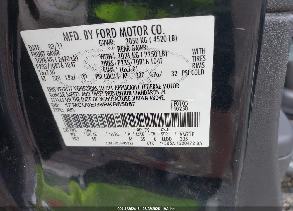 2011 FORD ESCAPE VIN: 1FMCU0EG8BKB85067