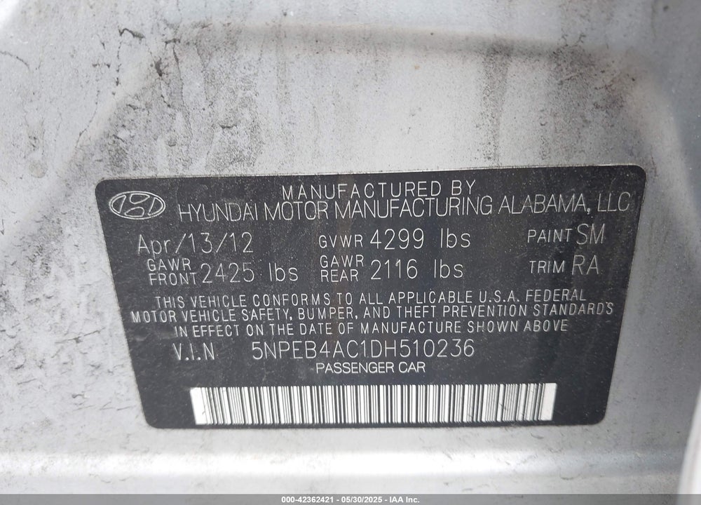 2013 HYUNDAI SONATA VIN: 5NPEB4AC1DH510236