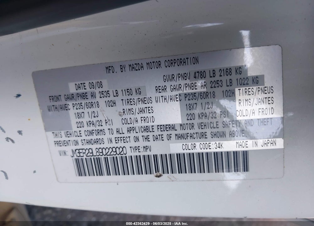 2009 MAZDA CX-7 SPORT VIN: JM3ER29L890229020
