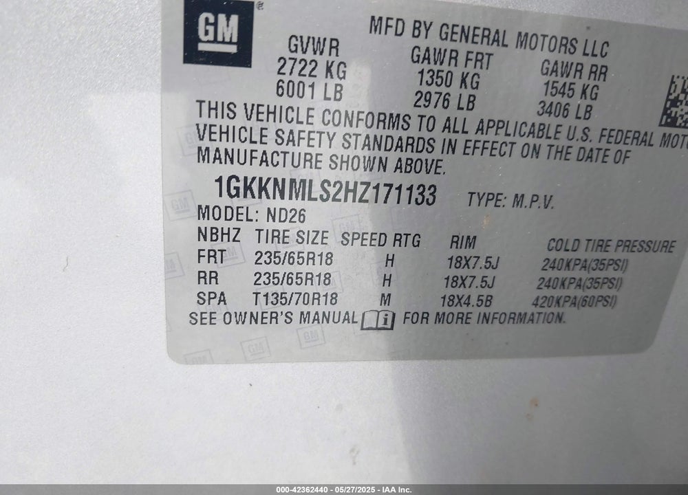 2017 GMC ACADIA VIN: 1GKKNMLS2HZ171133