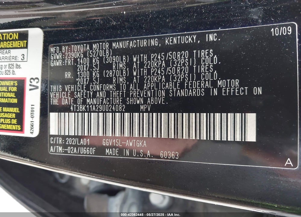2009 TOYOTA VENZA VIN: 4T3BK11A29U024082