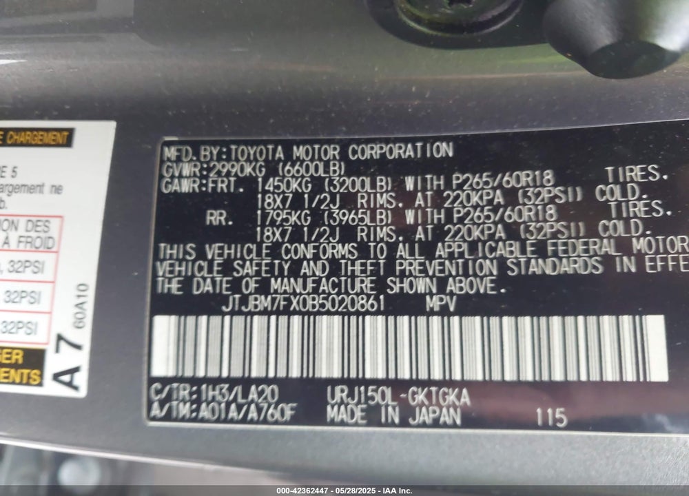 2011 LEXUS GX460 VIN: JTJBM7FX0B5020861