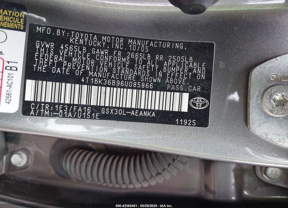 2006 TOYOTA AVALON XL VIN: 4T1BK36B96U085866