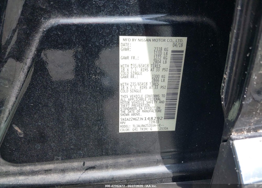 2018 NISSAN MURANO VIN: 5N1AZ2MG2JN148292