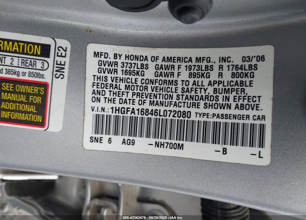 2006 HONDA CIVIC EX VIN: 1HGFA16846L072080