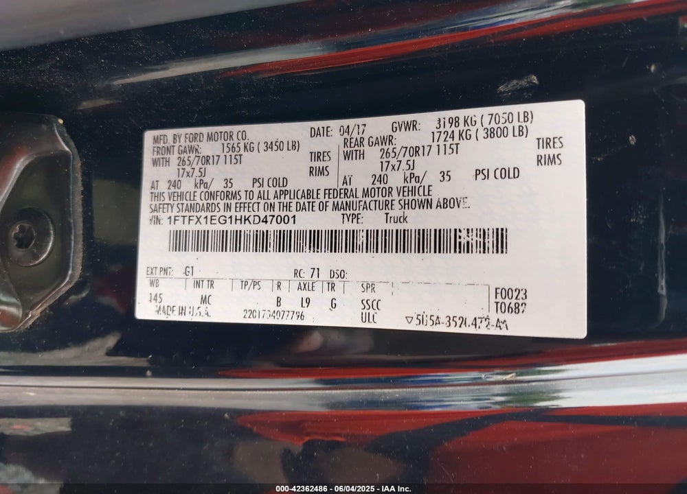 2017 FORD F-150 VIN: 1FTFX1EG1HKD47001