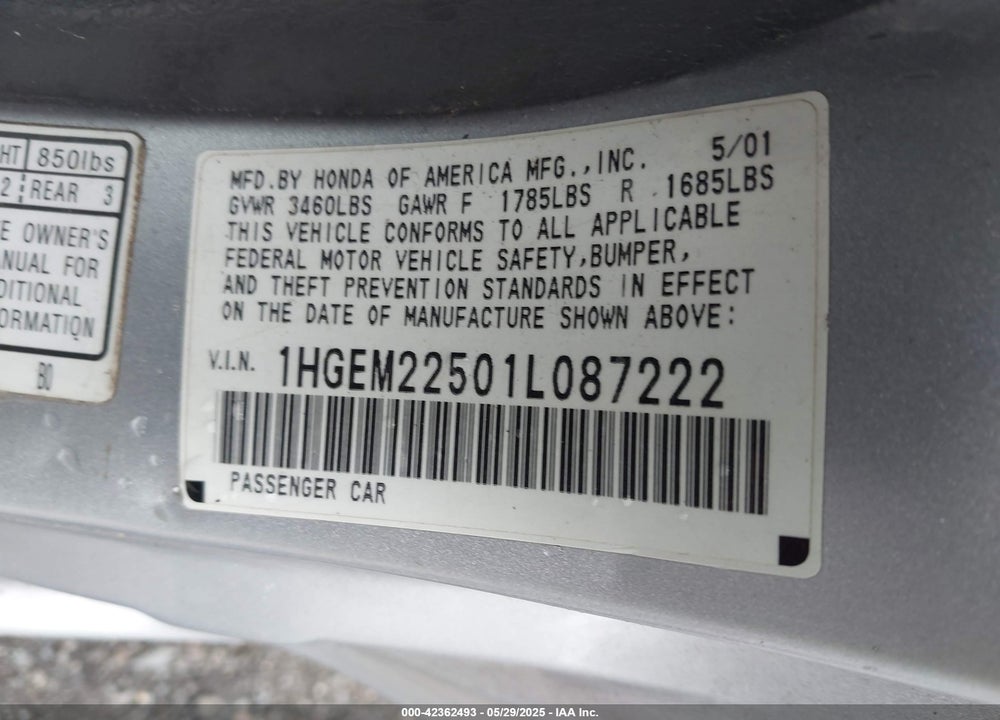 2001 HONDA CIVIC LX VIN: 1HGEM22501L087222