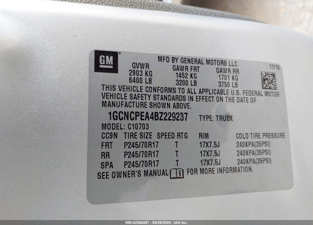 2011 CHEVROLET SILVERADO 1500 WORK TRUCK VIN: 1GCNCPEA4BZ229237