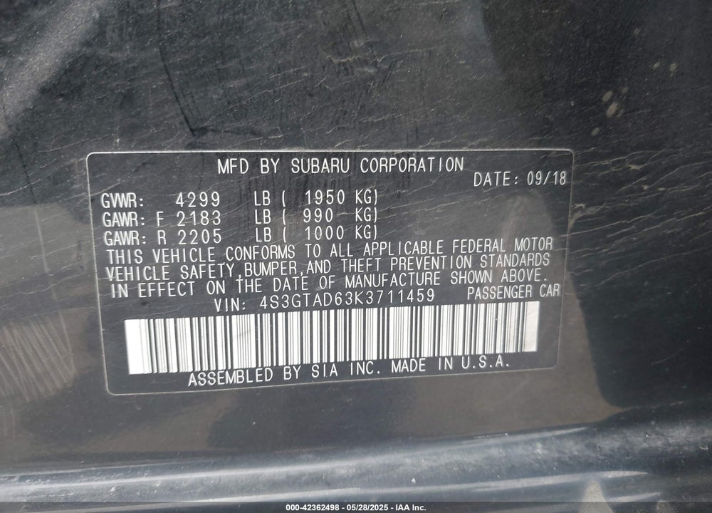 2019 SUBARU IMPREZA VIN: 4S3GTAD63K3711459