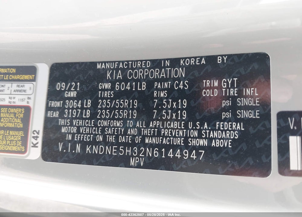 2022 KIA CARNIVAL VIN: KNDNE5H32N6144947