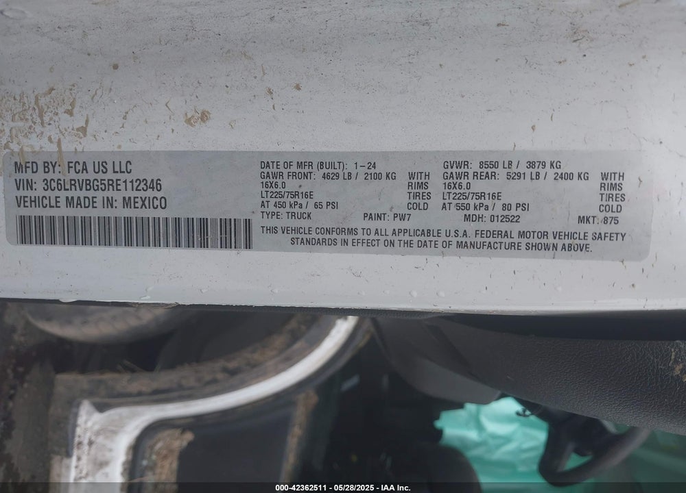 2024 RAM PROMASTER 1500 TRADESMAN HIGH ROOF 136 WB W/PASS SEAT VIN: 3C6LRVBG5RE112346