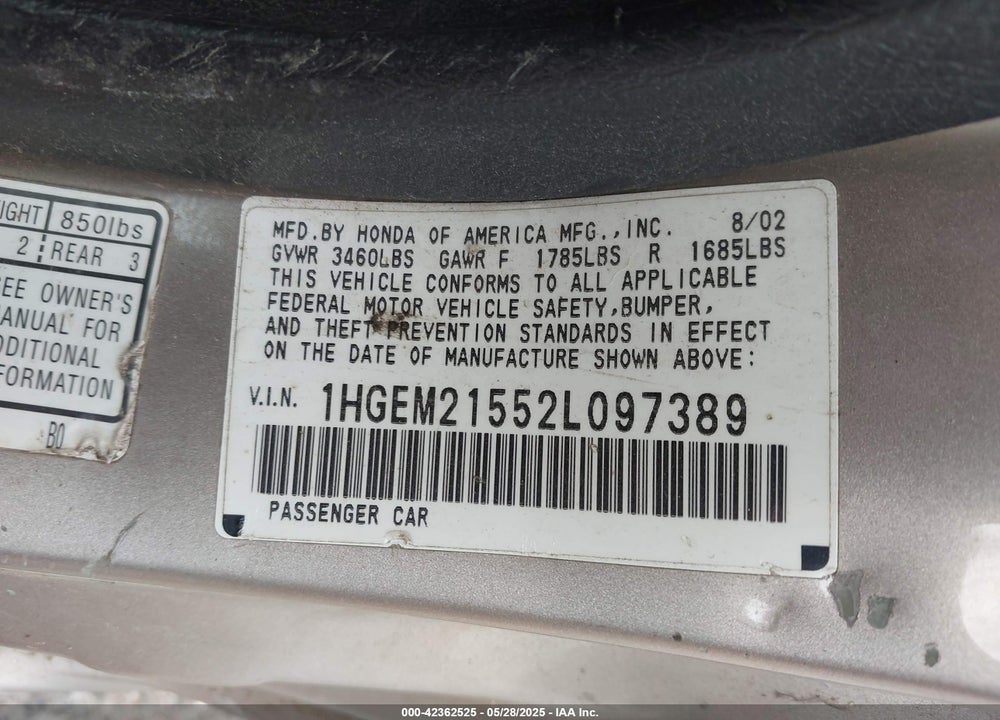 2002 HONDA CIVIC LX VIN: 1HGEM21552L097389