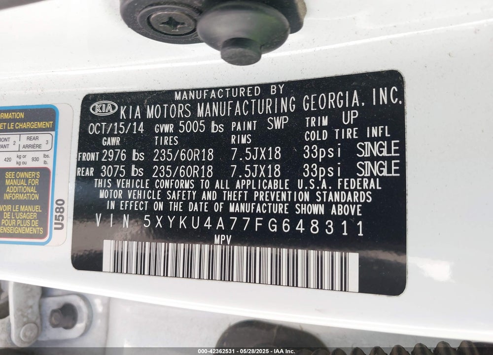 2015 KIA SORENTO EX V6 VIN: 5XYKU4A77FG648311